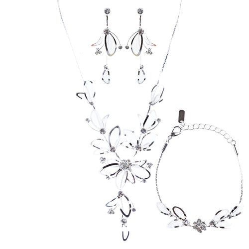 Bridal Wedding Jewelry Crystal Rhinestone Glittering Flower Necklace J573 Silver