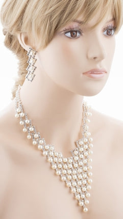 Bridal Wedding Jewelry Crystal Rhinestone Elegant Pearl Drops Necklace J521 SLV - Accessoriesforever
