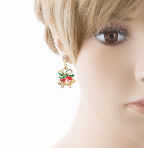 Christmas Jewelry Crystal Rhinestone Twin Bell Holiday Dangle Earrings Red - Accessoriesforever