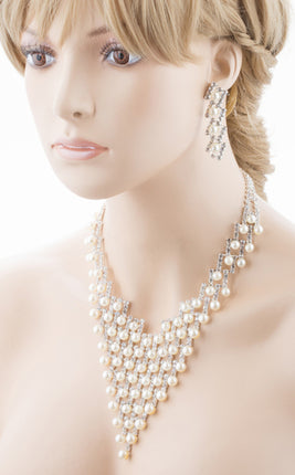 Bridal Wedding Jewelry Crystal Rhinestone Elegant Pearl Drops Necklace J521 SLV - Accessoriesforever
