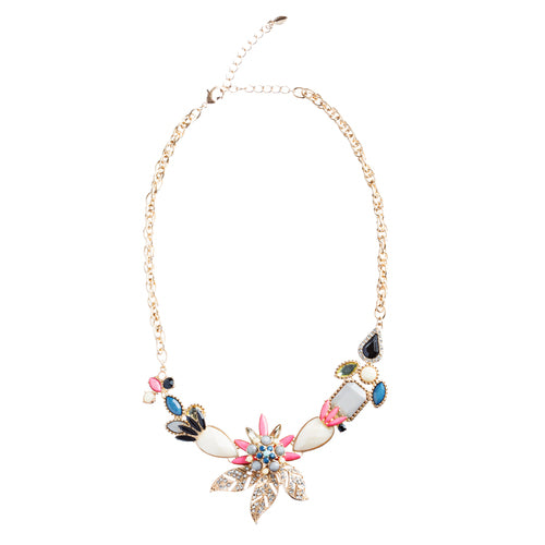 Intricate Design Crystal Rhinestone Beautiful Flower Charm Necklace N74 Ivory