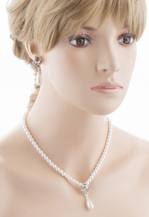 Bridal Wedding Jewelry Set Crystal Pearl Linear Teardrop Necklace - Accessoriesforever