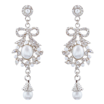 Bridal Wedding Jewelry Crystal Rhinestone Pearl Ribbon Bow Dangle Earrings White - Accessoriesforever