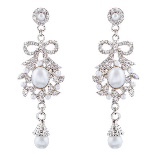 Bridal Wedding Jewelry Crystal Rhinestone Pearl Ribbon Bow Dangle Earrings White - Accessoriesforever