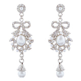 Bridal Wedding Jewelry Crystal Rhinestone Pearl Ribbon Bow Dangle Earrings White