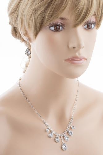 Bridal Wedding Jewelry Set Crystal Rhinestone Dangling Teardrops Silver - Accessoriesforever