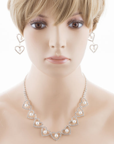 Bridal Wedding Jewelry Set Crystal Rhinestone Pearl Heart Link Necklace SV