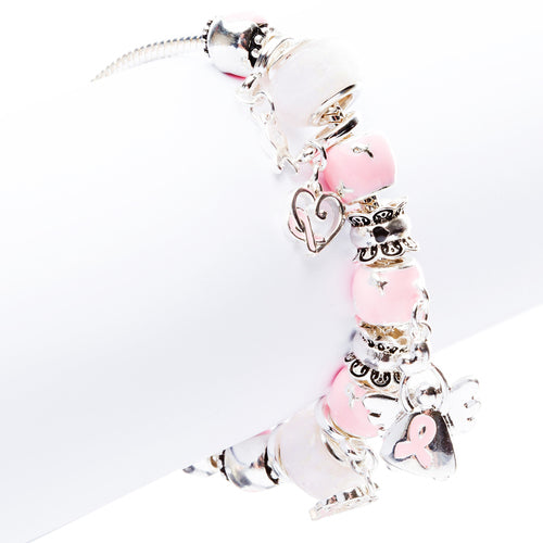 Pink Ribbon Jewelry Crystal Rhinestone Cute Dangling Link Bracelet B478 Silver - Accessoriesforever