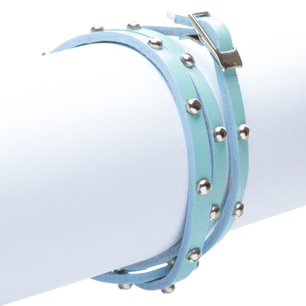 Blue Silver Studded Italian Calf Leather Wrap Bracelet - Accessoriesforever