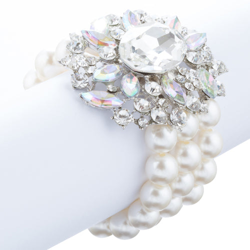 Bridal Wedding Jewelry Stunning Crystal Pearl MT Strands Bracelet Silver Ivory - Accessoriesforever