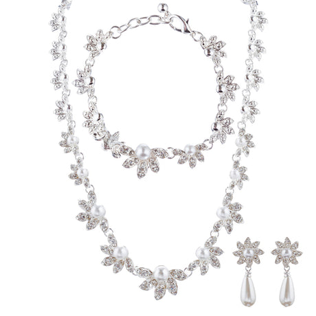 Bridal Wedding Jewelry Crystal Rhinestone Necklace Set Sweet Floral J425 Silver