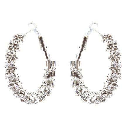 Beautiful Dazzling Beaded Wrap Double Row Crystal Rhinestone Hoop Earring Silver