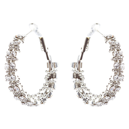 Beautiful Dazzling Beaded Wrap Double Row Crystal Rhinestone Hoop Earring Silver