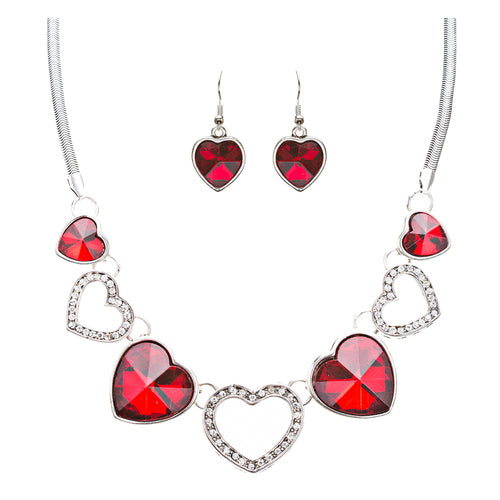 Valentine's Day Jewelry Crystal Rhinestone Trendy Heart Necklace Set JN168 Red