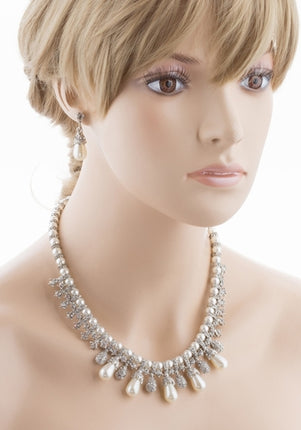 Bridal Wedding Jewelry Set Necklace Crystal TD Pearl Bib Choker Design Silver - Accessoriesforever