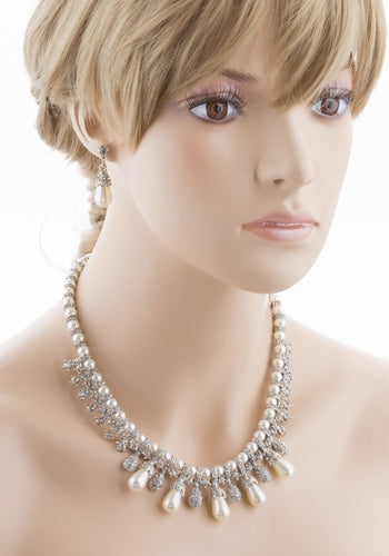 Bridal Wedding Jewelry Set Necklace Crystal TD Pearl Bib Choker Design Silver