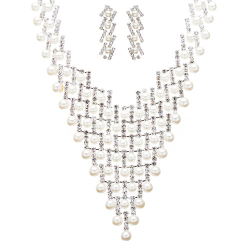 Bridal Wedding Jewelry Crystal Rhinestone Elegant Pearl Drops Necklace J521 SLV