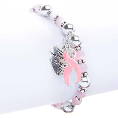 Pink Ribbon Breast Cancer Awareness Jewelry Heart Charm Stretch Fashion Bracelet