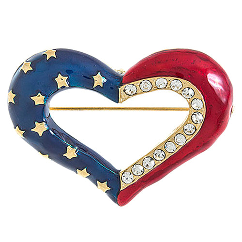 Patriotic Jewelry Crystal Rhinestone Heart American Flag Brooch Pin BH200 Gold