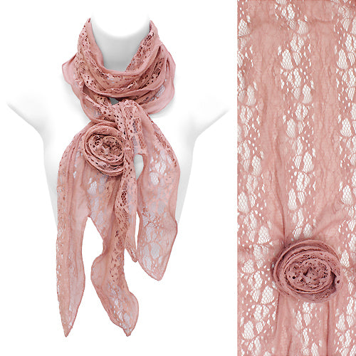 Beautiful Lace Detailed Floral Corsage Deco Lightweight Fashion Scarf Pink