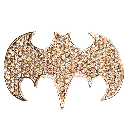 Fun Bat Crystal Rhinestone Two Finger Stretch Adjustable Ring Gold Brown