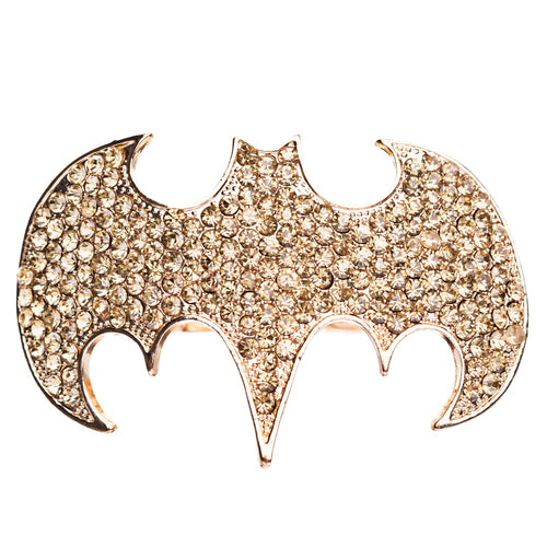Fun Bat Crystal Rhinestone Two Finger Stretch Adjustable Ring Gold Brown