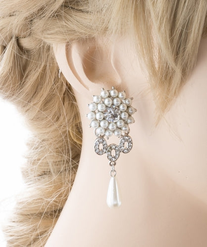 Bridal Wedding Jewelry Crystal Rhinestone Pearl Dangle Teardrop Earrings Silver - Accessoriesforever