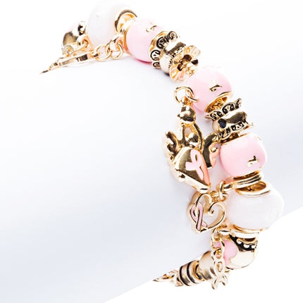 Pink Ribbon Jewelry Crystal Rhinestone Cute Dangling Link Bracelet B478 Gold - Accessoriesforever