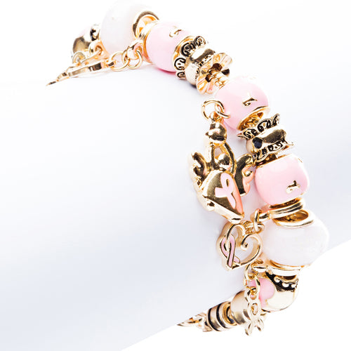 Pink Ribbon Jewelry Crystal Rhinestone Cute Dangling Link Bracelet B478 Gold - Accessoriesforever