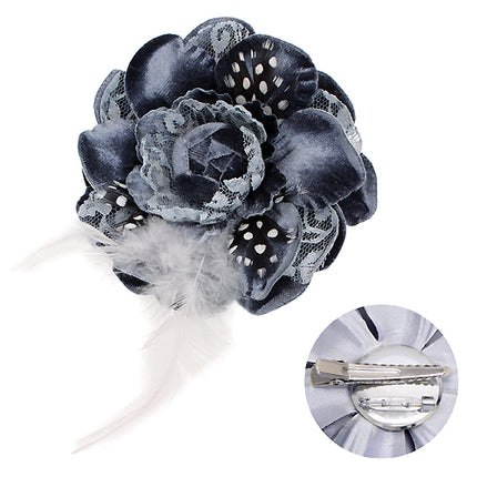 Velvet & Lace Double Layer Feather Flower Corsage Brooch 2 Way Hair Pin Gray - Accessoriesforever
