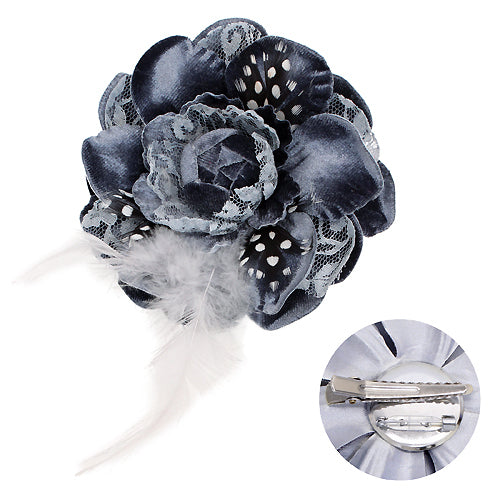 Velvet & Lace Double Layer Feather Flower Corsage Brooch 2 Way Hair Pin Gray