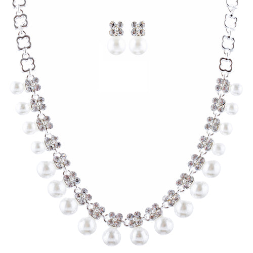 Bridal Wedding Jewelry Rhinestone Pearl Dangles Floral Necklace Set J666 Silver