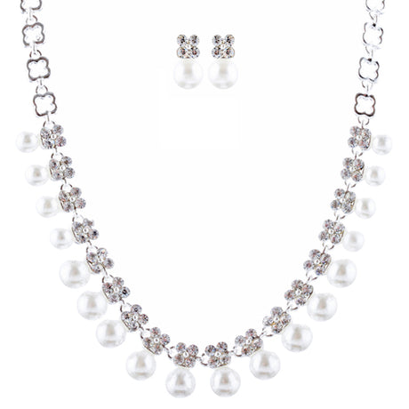 Bridal Wedding Jewelry Rhinestone Pearl Dangles Floral Necklace Set J666 Silver