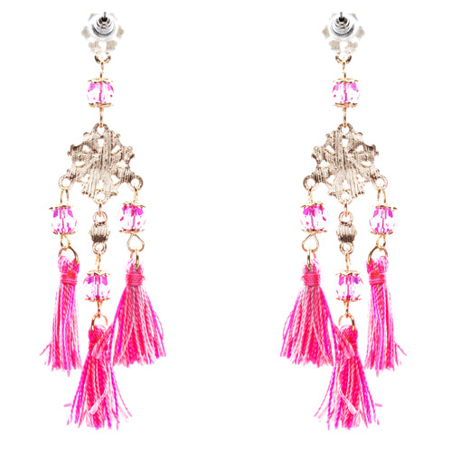 Unconventional Design Crystal Rhinestone Fun Tasseled Dangle Earrings E811 Pink - Accessoriesforever