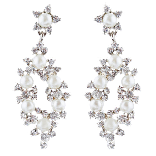 Bridal Wedding Jewelry Crystal Rhinestone Pearl Elegant Dangle Earrings Silver