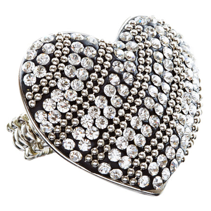 Duo Tone Crystal Pave Heart Stretch Ring Antique Silver - Accessoriesforever