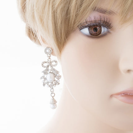 Bridal Wedding Jewelry Crystal Rhinestone Pearl Ribbon Bow Dangle Earrings White - Accessoriesforever