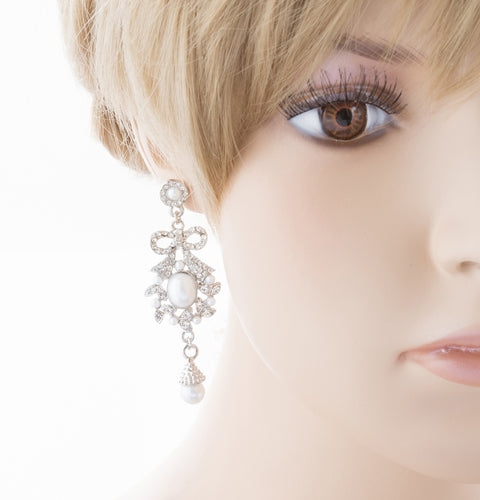 Bridal Wedding Jewelry Crystal Rhinestone Pearl Ribbon Bow Dangle Earrings White - Accessoriesforever