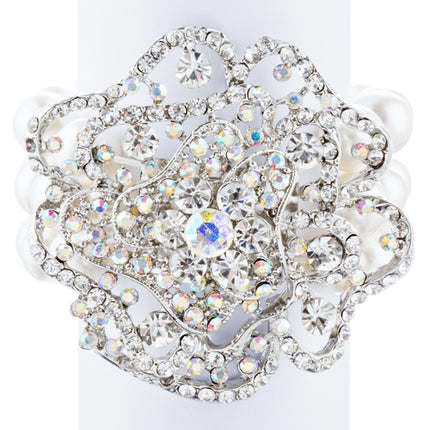 Bridal Wedding Jewelry LG Flower Crystal Pearls Stretch Bracelet Silver Ivory - Accessoriesforever