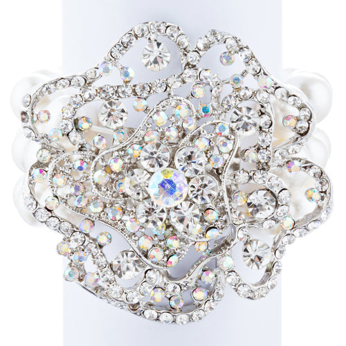 Bridal Wedding Jewelry LG Flower Crystal Pearls Stretch Bracelet Silver Ivory