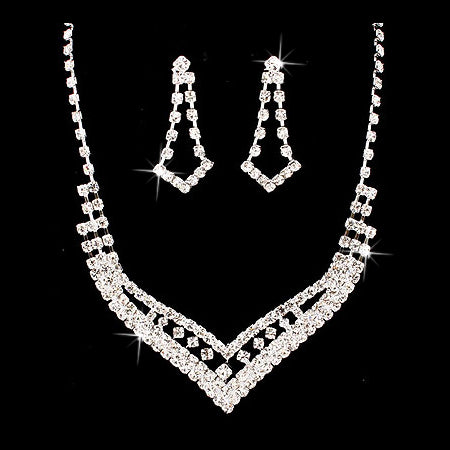 Bridal Wedding Jewelry Set Crystal Rhinestone Classic Dazzle Necklace Silver - Accessoriesforever