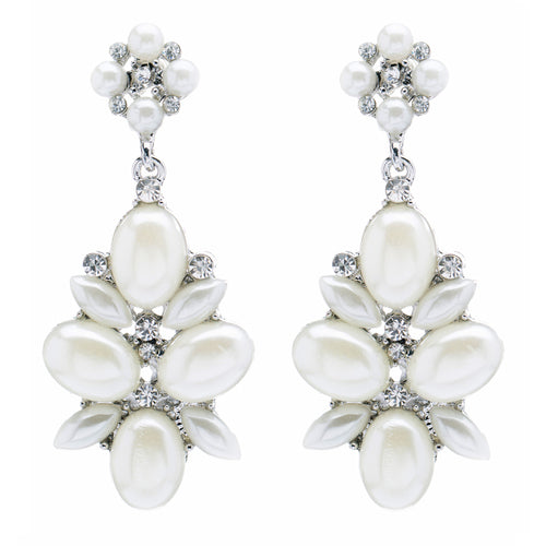 Bridal Wedding Jewelry Crystal Rhinestone Pearl Cluster Dangle Earrings Ivory