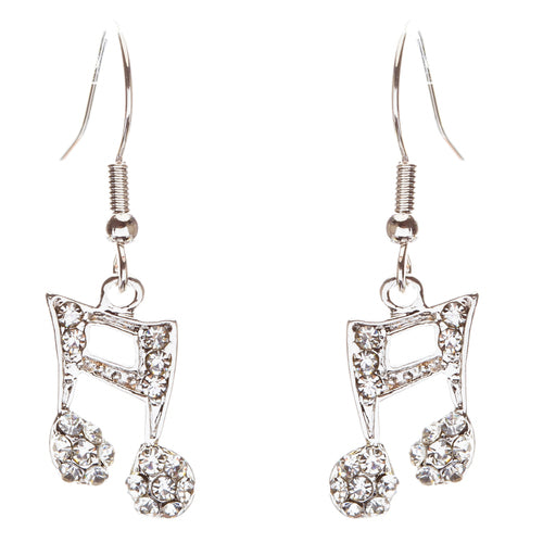 Music Note Charm Crystal Rhinestone Fashion Dangle Earrings Silver Tone Clear - Accessoriesforever