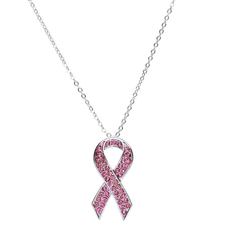 Ribbon Cancer Awareness Jewelry Crystal Rhinestone Charm Necklace Pink