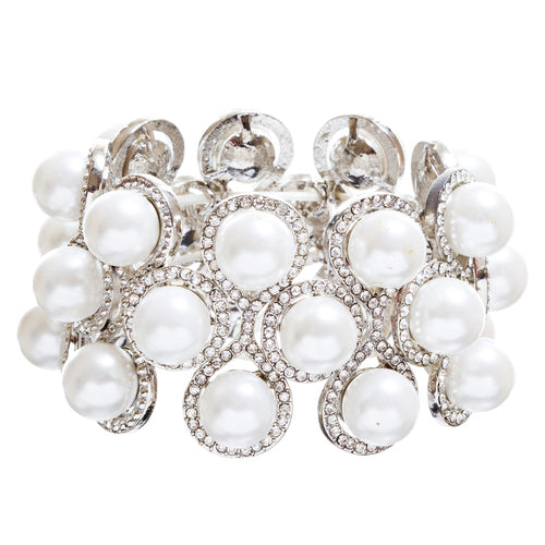 Bridal Wedding Jewelry Crystal Rhinestone Impressive Faux Pearl Bracelet B499 SV