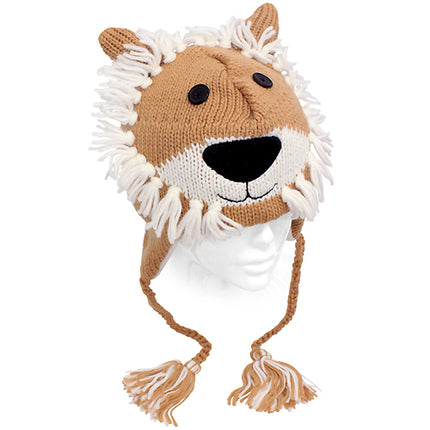 Knitted 3D Animal Trooper Trapper Hat Ear Flaps Braided Tassels Camel Lion - Accessoriesforever