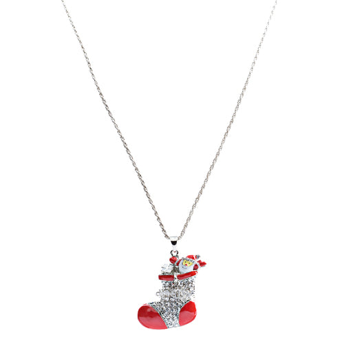 Christmas Jewelry Happy Holiday Spirit Crystal Santa Claus in Sock Long Necklace - Accessoriesforever