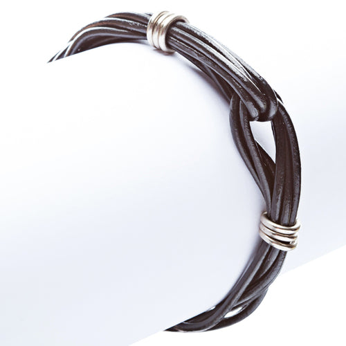 8-Strand Pewter T Clip Clasp Leather Bracelet Black - Accessoriesforever