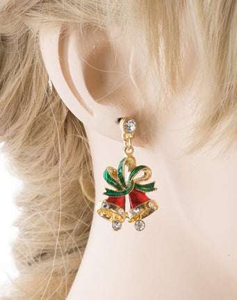 Christmas Jewelry Crystal Rhinestone Twin Bell Holiday Dangle Earrings Red - Accessoriesforever