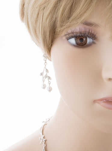 Bridal Wedding Jewelry Set Crystal Rhinestone Floral Pearl Necklace Silver - Accessoriesforever